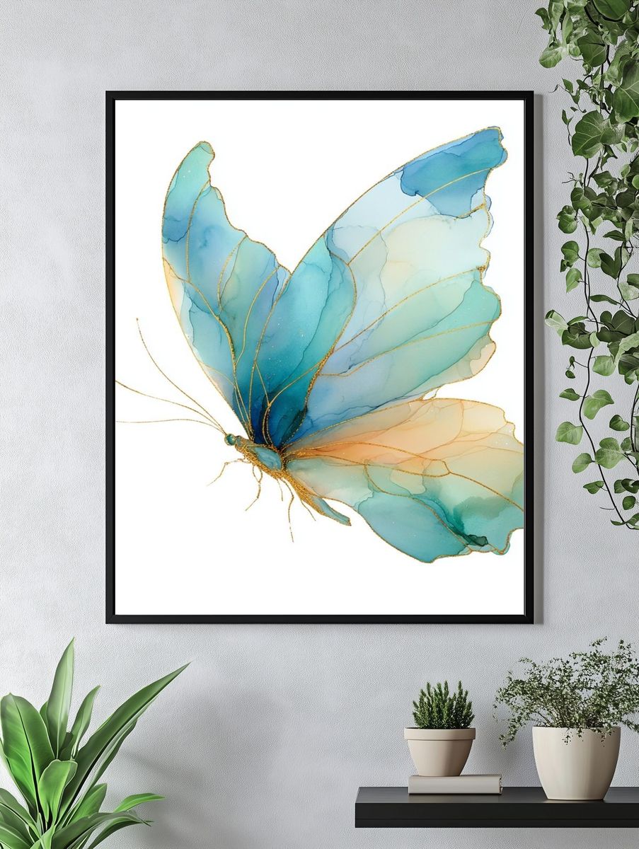 Blue Butterfly — Watercolor Print. — room view 4