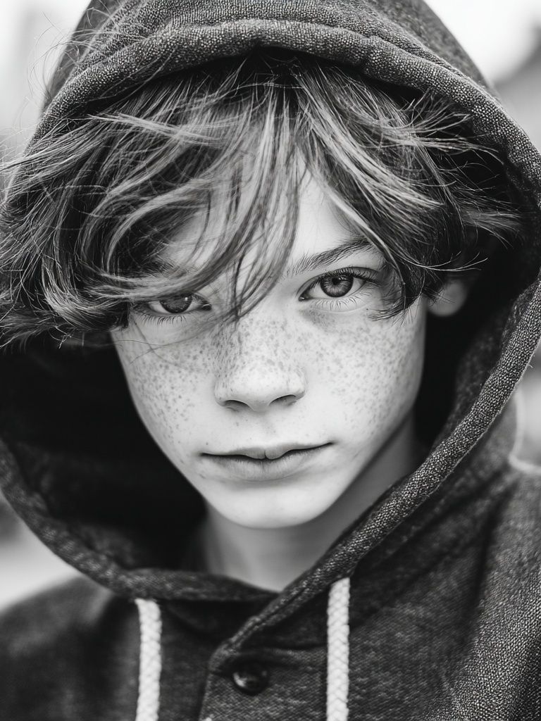 Freckled Boy in Hoodie — Black-White Print. poster — photography art