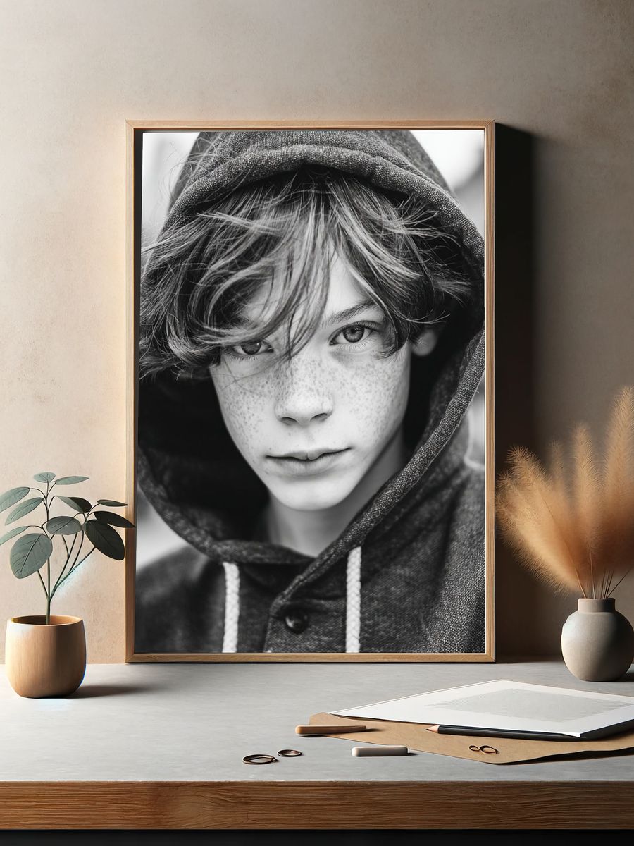Freckled Boy in Hoodie — Black-White Print. — room view 2