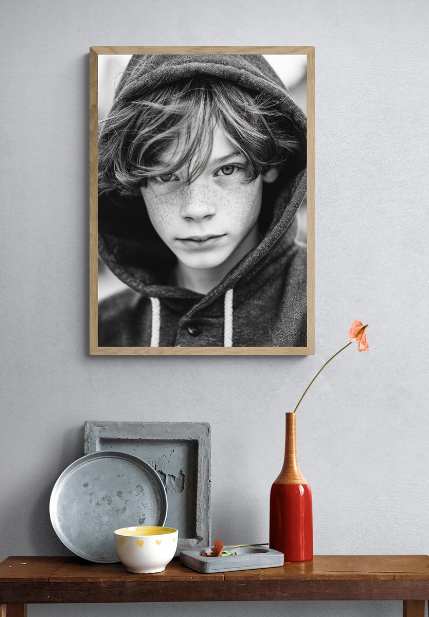 Freckled Boy in Hoodie — Black-White Print. — room view 3