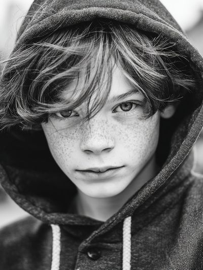 Freckled Boy in Hoodie — Black-White Print. poster