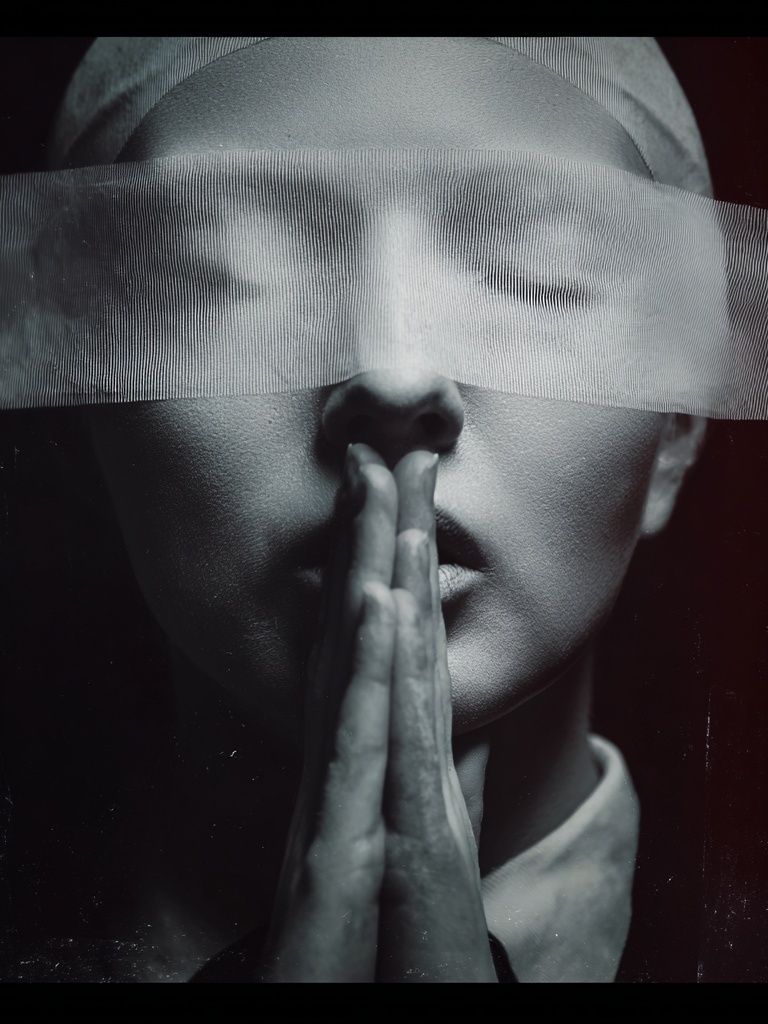 Blindfolded Portrait Black-White Print. poster detail