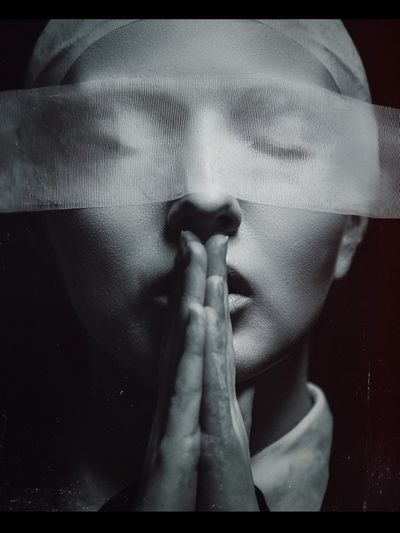 Blindfolded Portrait Black-White Print. poster