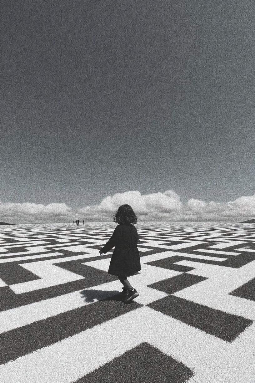 Child Walking on Geometric Pattern — Photography Print. poster detail