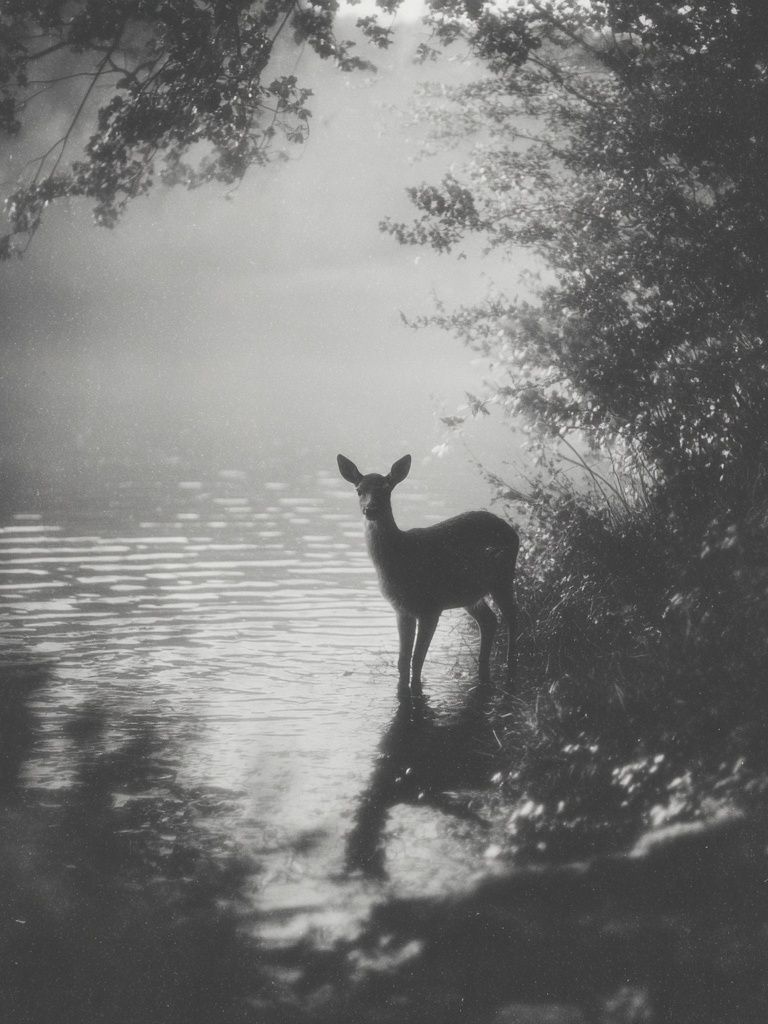 Deer by the Water — Black and White Photography Print. poster detail