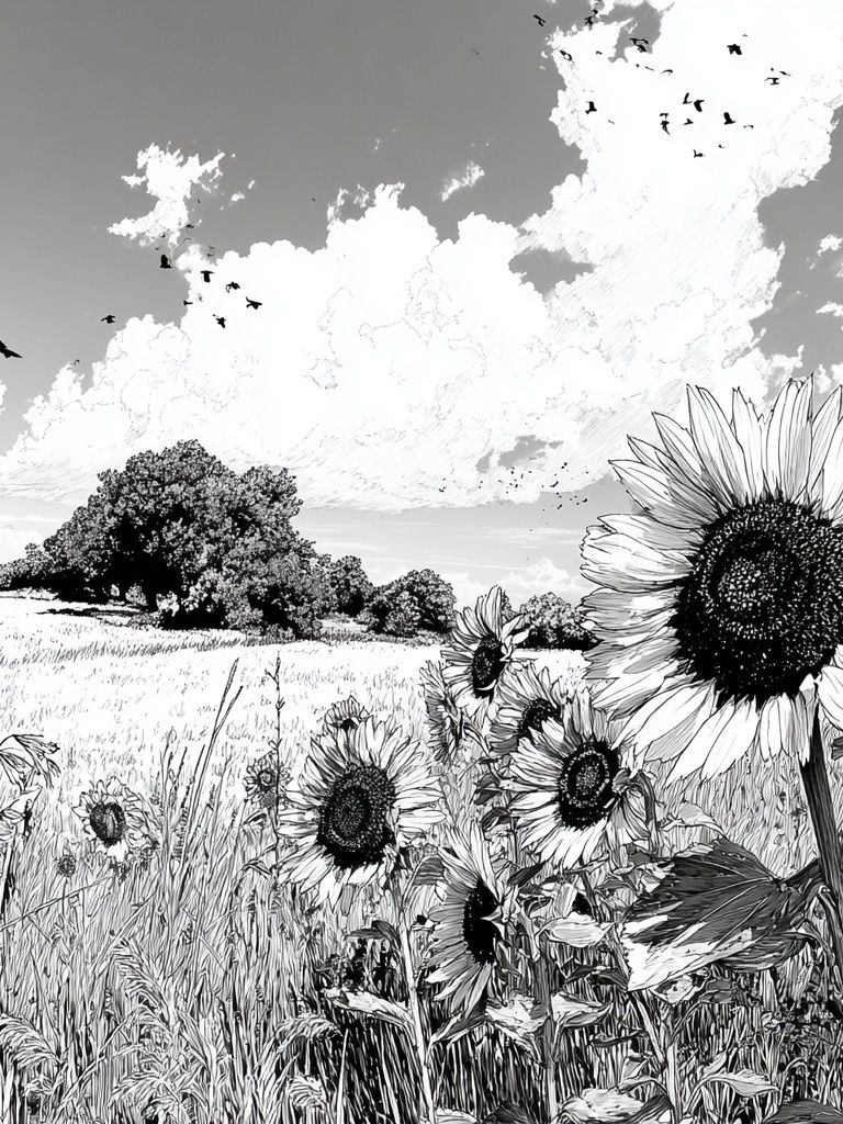Sunflower Field — Black and White Print. poster — nature art