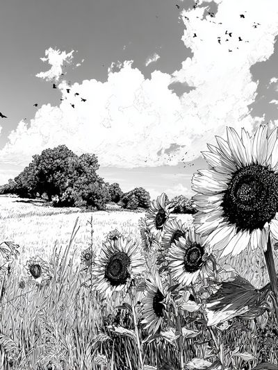 Sunflower Field — Black and White Print. poster