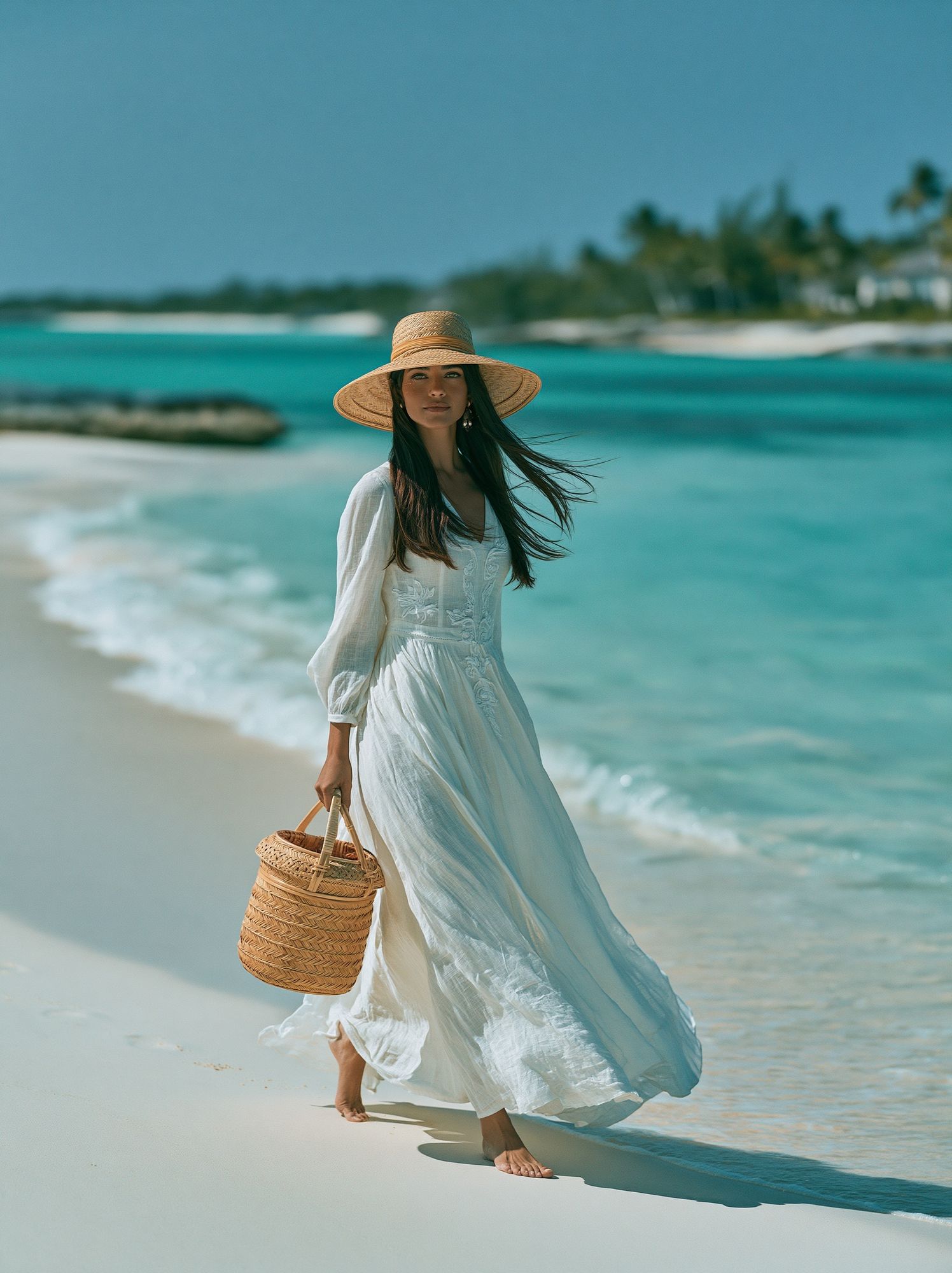 Beachside Woman in White Photography Poster. poster detail