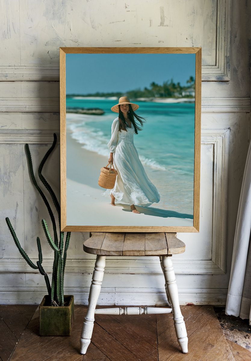 Beachside Woman in White Photography Poster. — room view 1