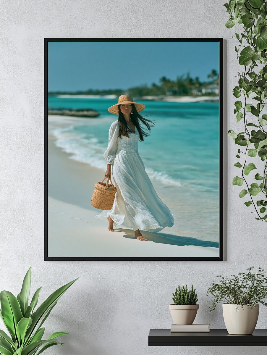 Beachside Woman in White Photography Poster. — room view 4