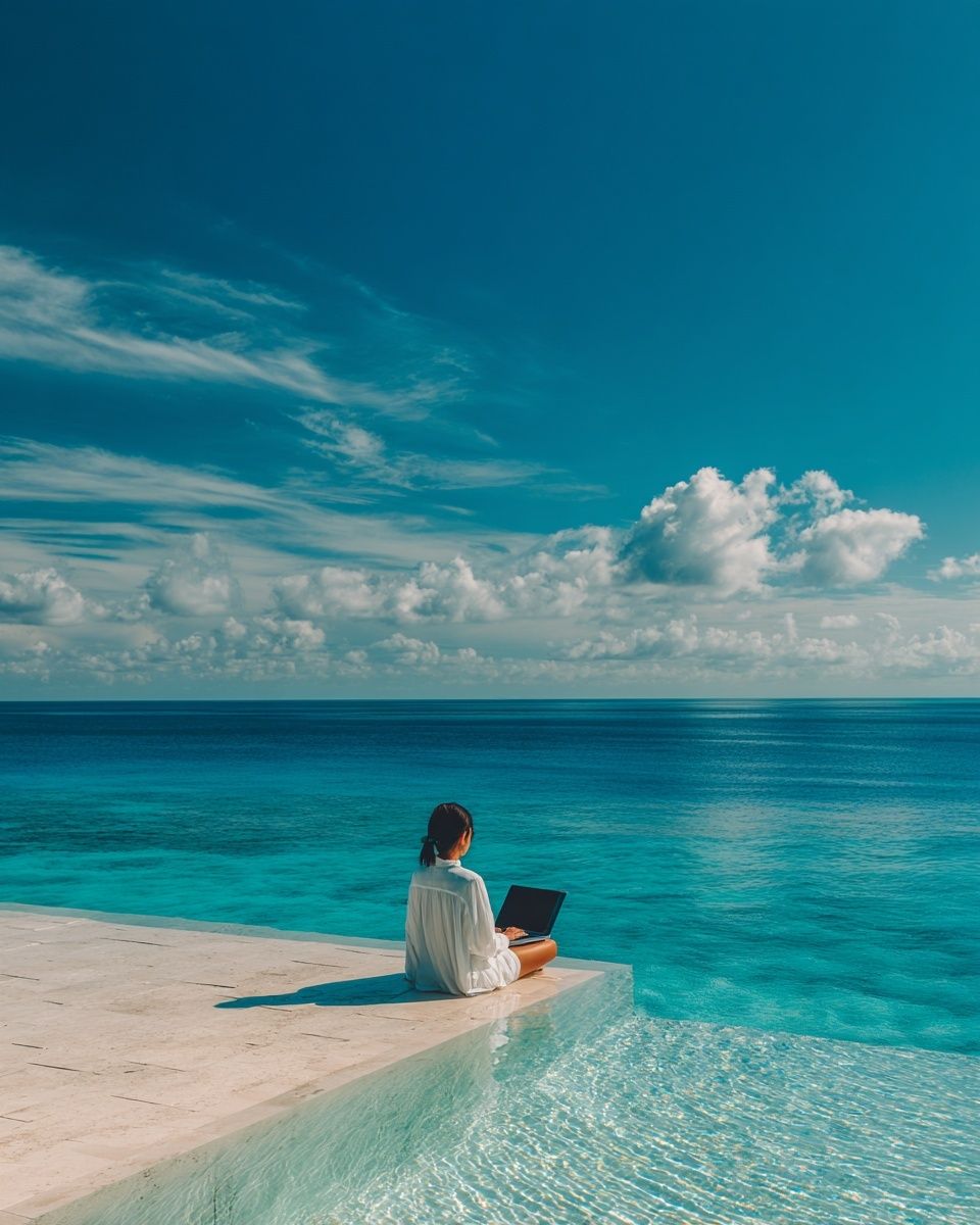 Serene Beachside Workspace Poster. poster — photography art