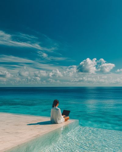 Serene Beachside Workspace Poster. poster print