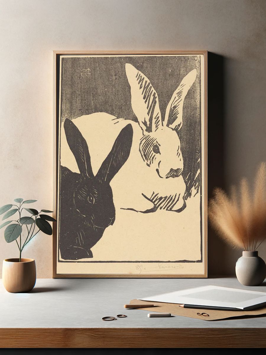 Black and White Rabbits — Fine Art Print. — room view 2