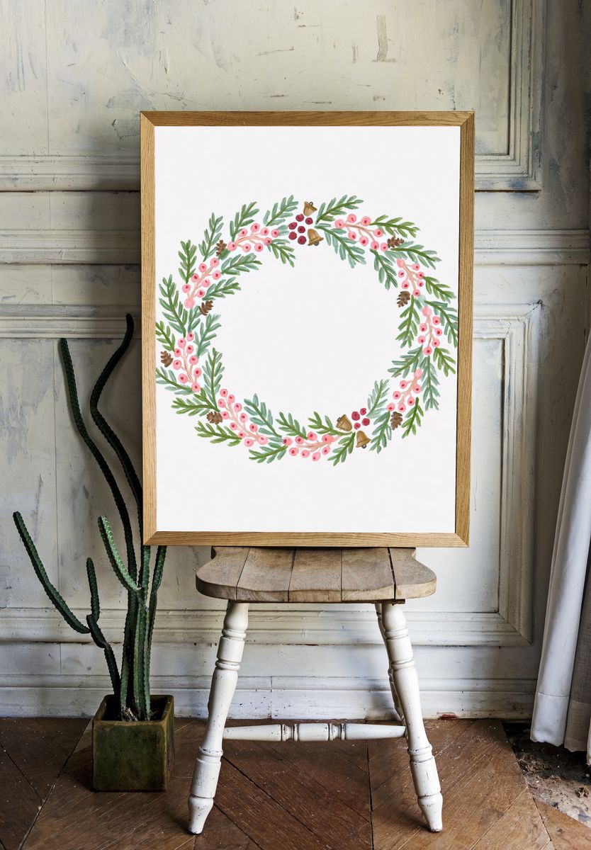 Winter Berry Wreath Botanical Print. — room view 1