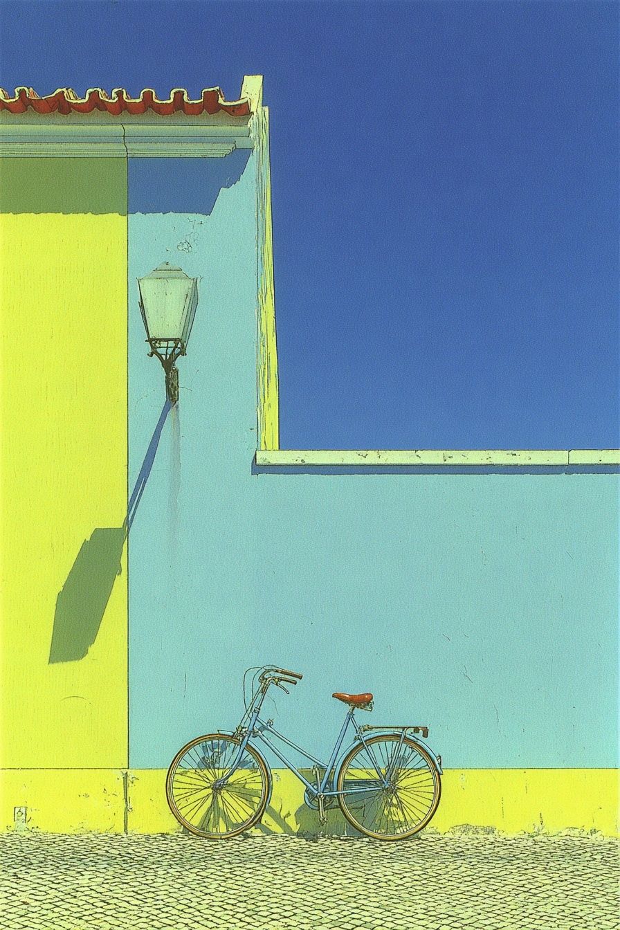 Blue Bicycle Against Yellow Wall Poster. poster detail