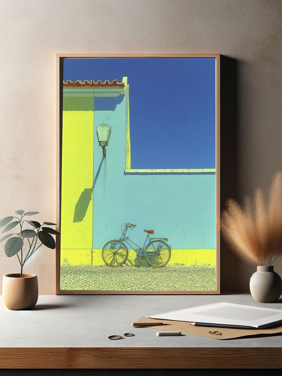 Blue Bicycle Against Yellow Wall Poster. — room view 2