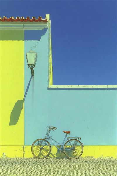 Blue Bicycle Against Yellow Wall Poster. poster print