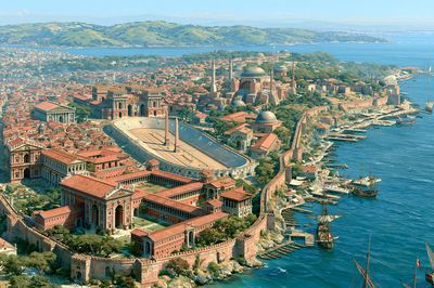 Byzantine Harbor Cityscape Print. poster