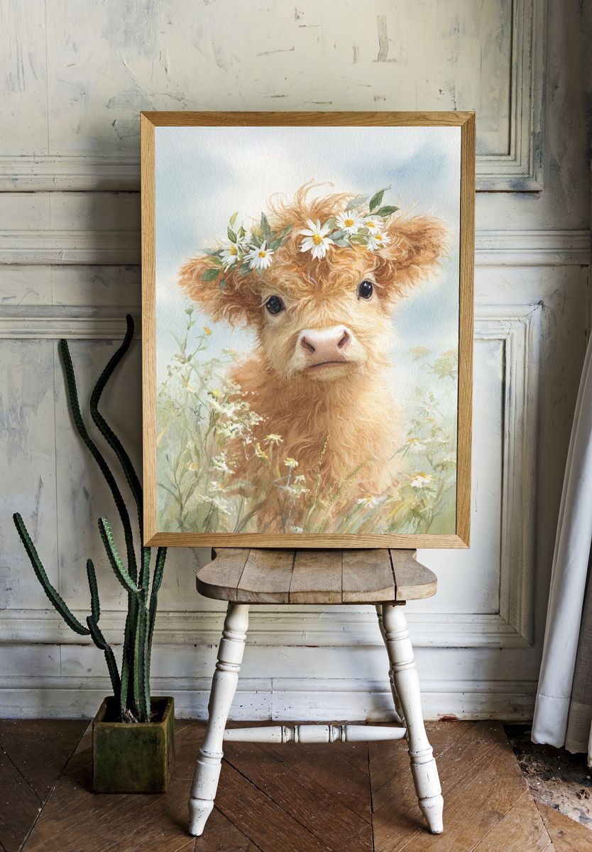Highland Calf with Flower Crown — Watercolor Print room preview