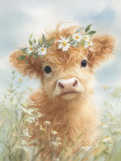 Highland Calf with Flower Crown — Watercolor Print. poster