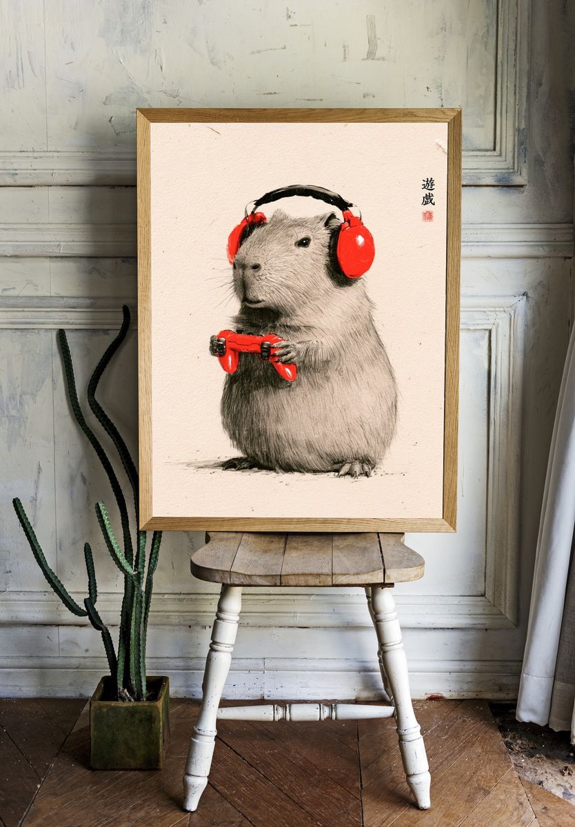 Capybara Gamer Illustration Poster. room preview