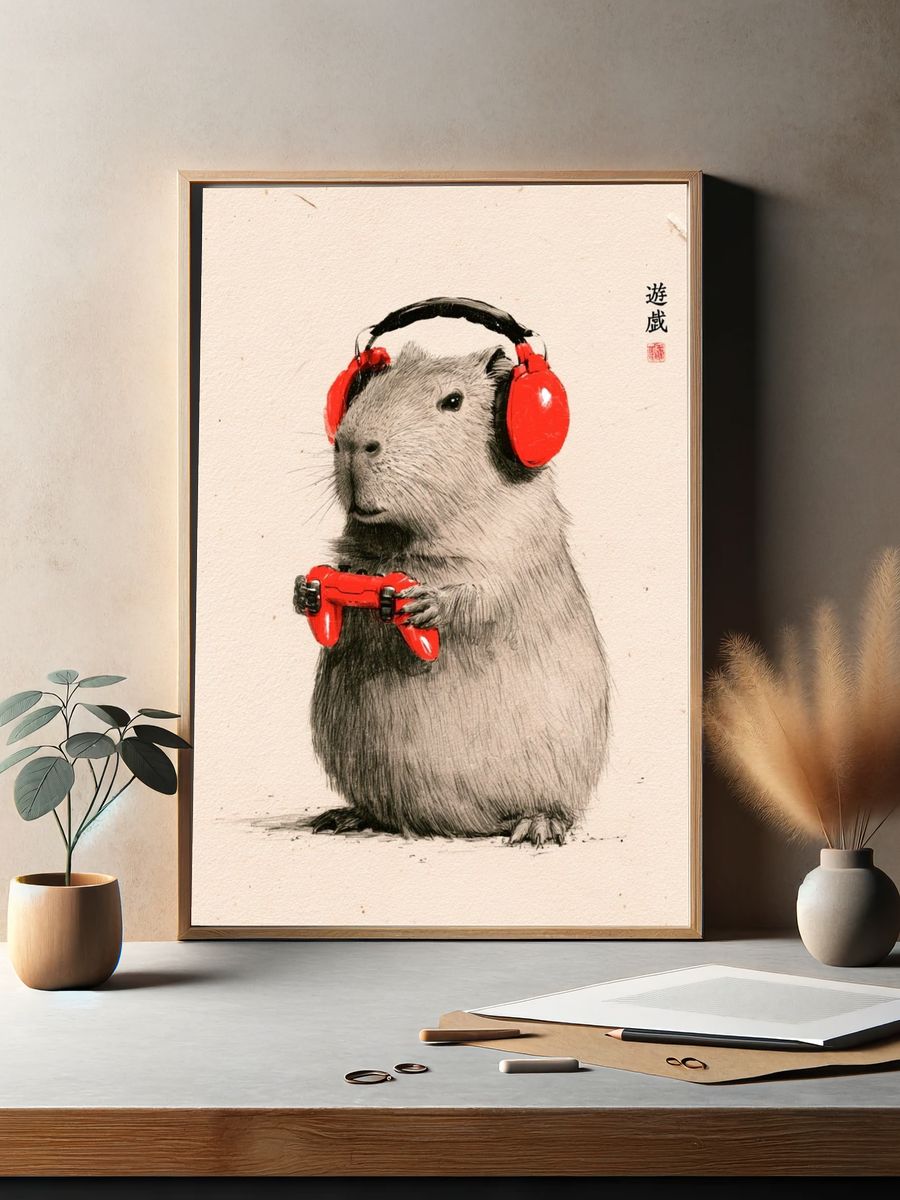 Capybara Gamer Illustration Poster. — room view 2