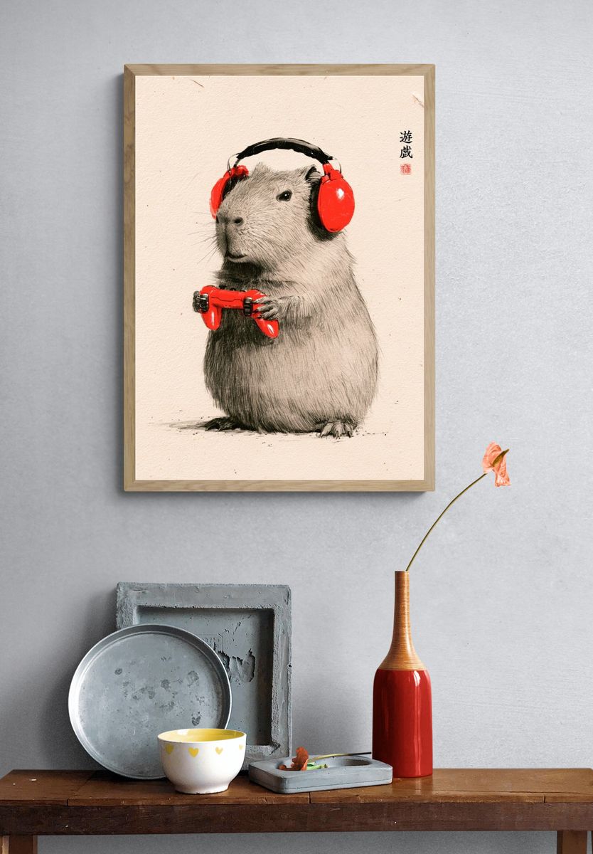 Capybara Gamer Illustration Poster. — room view 3