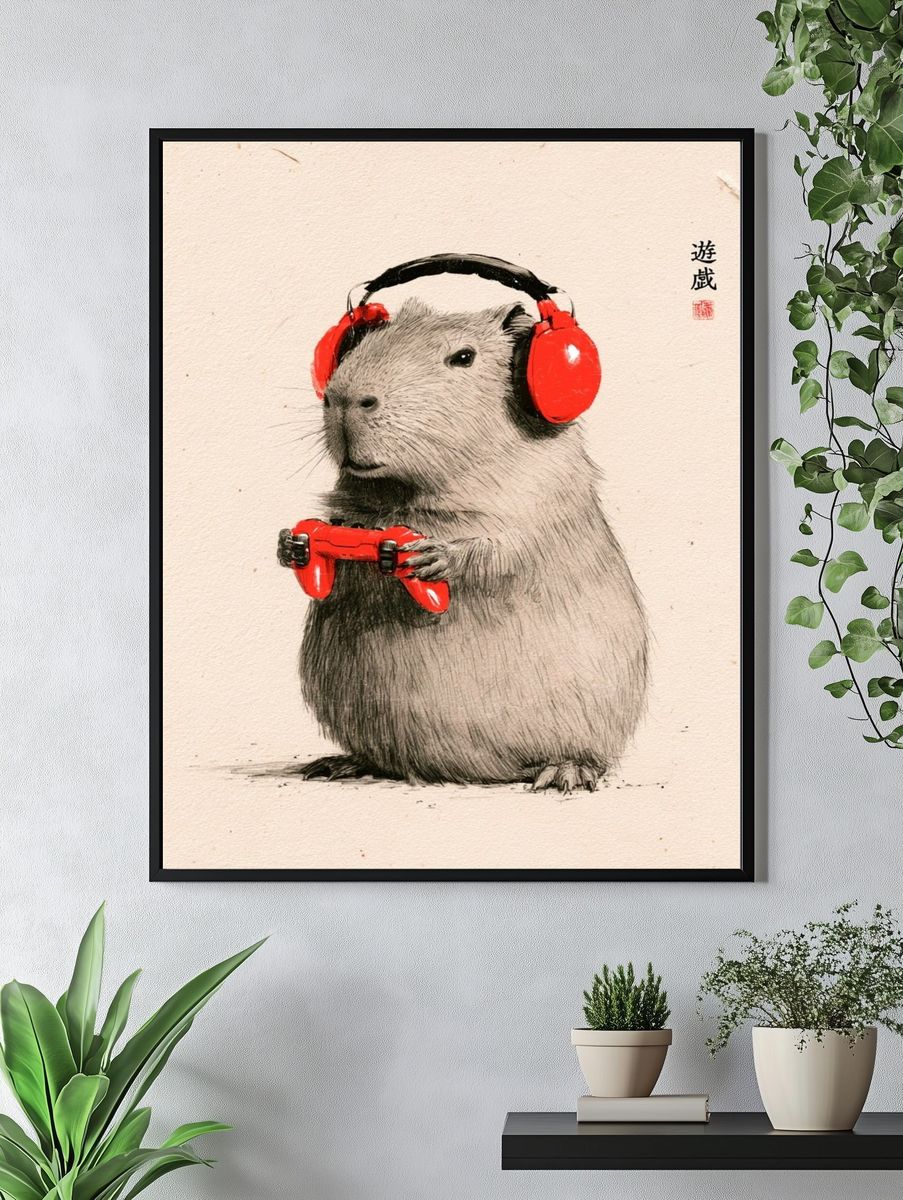 Capybara Gamer Illustration Poster. — room view 4