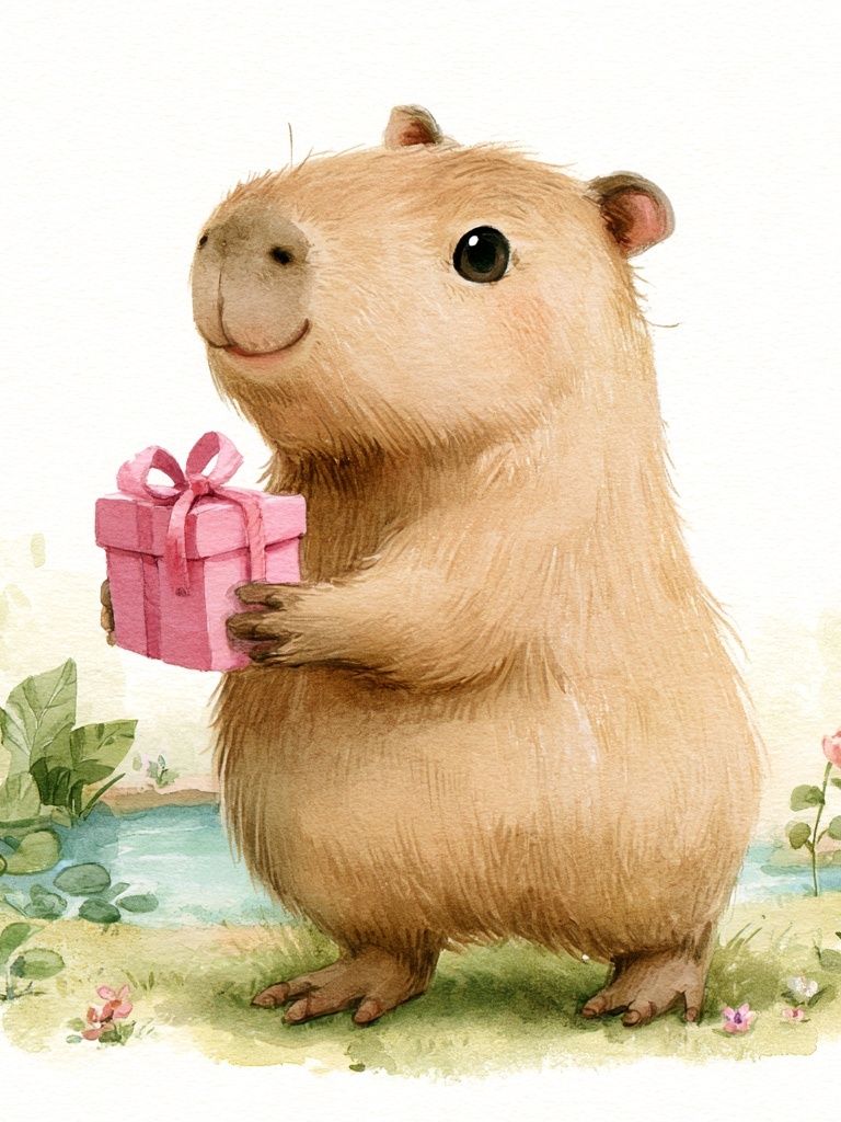 Capybara Gift Watercolor Print. poster detail