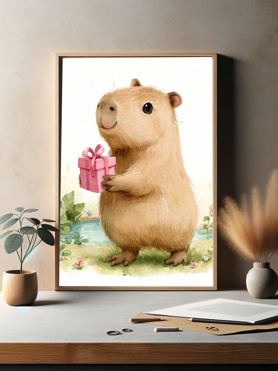 Capybara Gift Watercolor Print. — room view 2