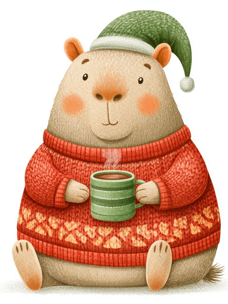 Cozy Capybara Winter Illustration Poster. poster detail