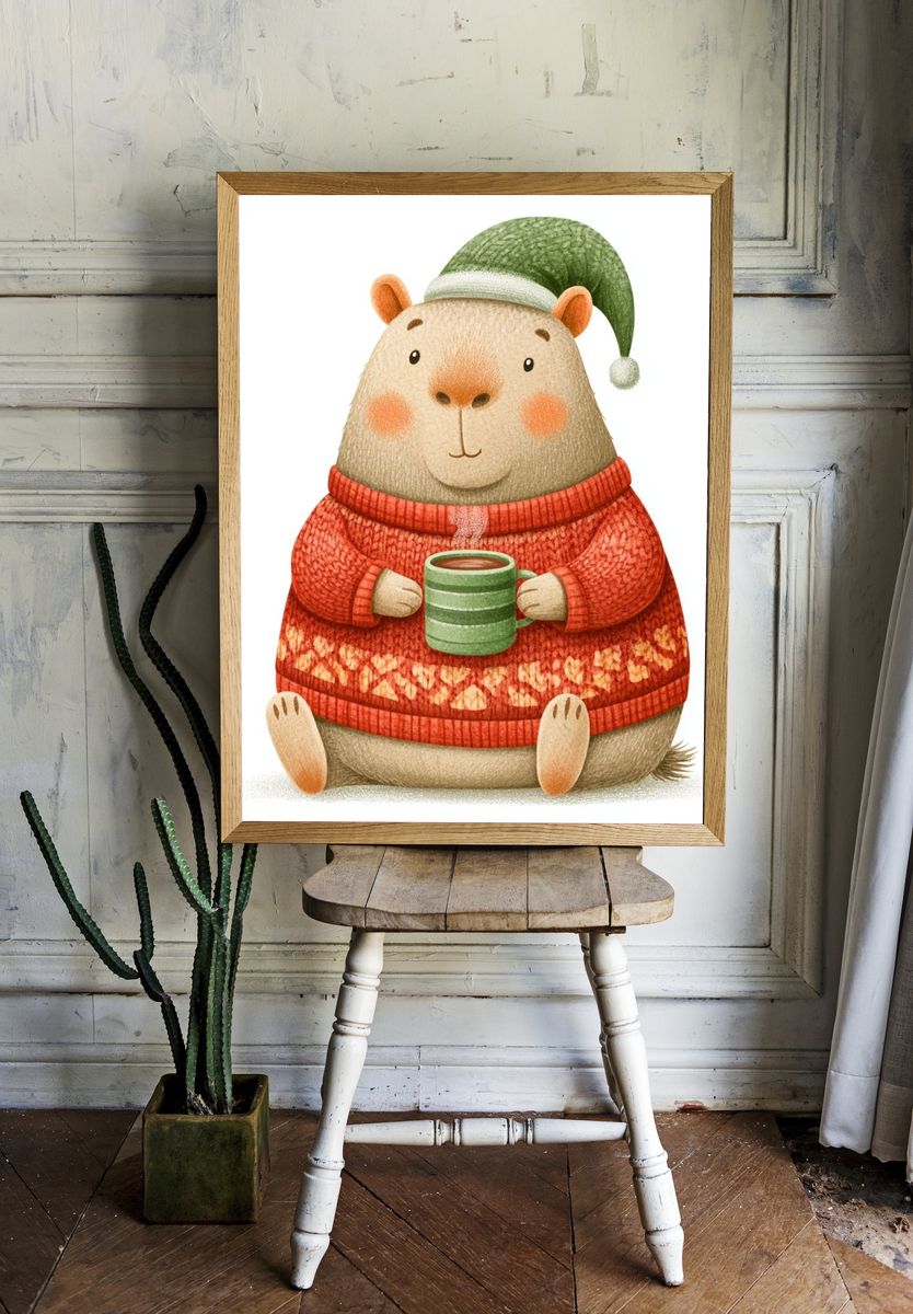 Cozy Capybara Winter Illustration Poster. room preview