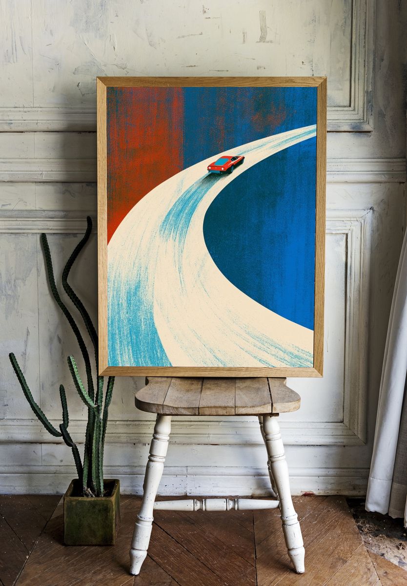 Red Sports Car Retro Illustration Poster. room preview