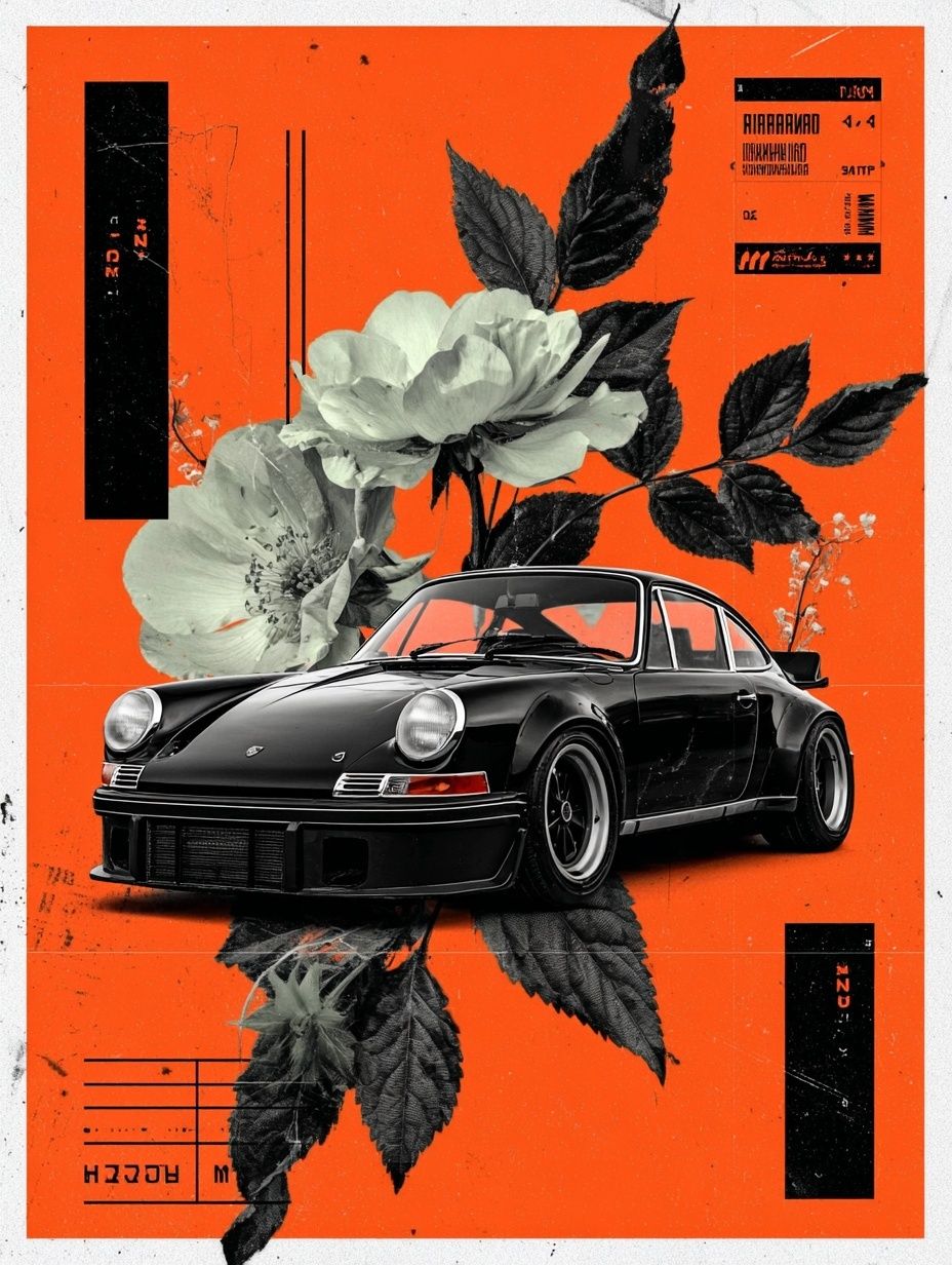 Classic Car with Floral Elements — Art Print. poster detail
