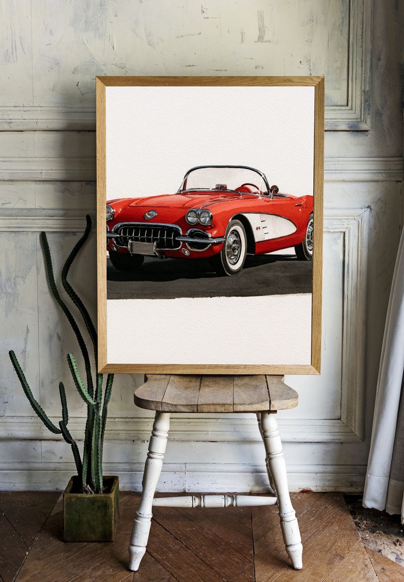 Red Classic Corvette Illustration Poster. — room view 1
