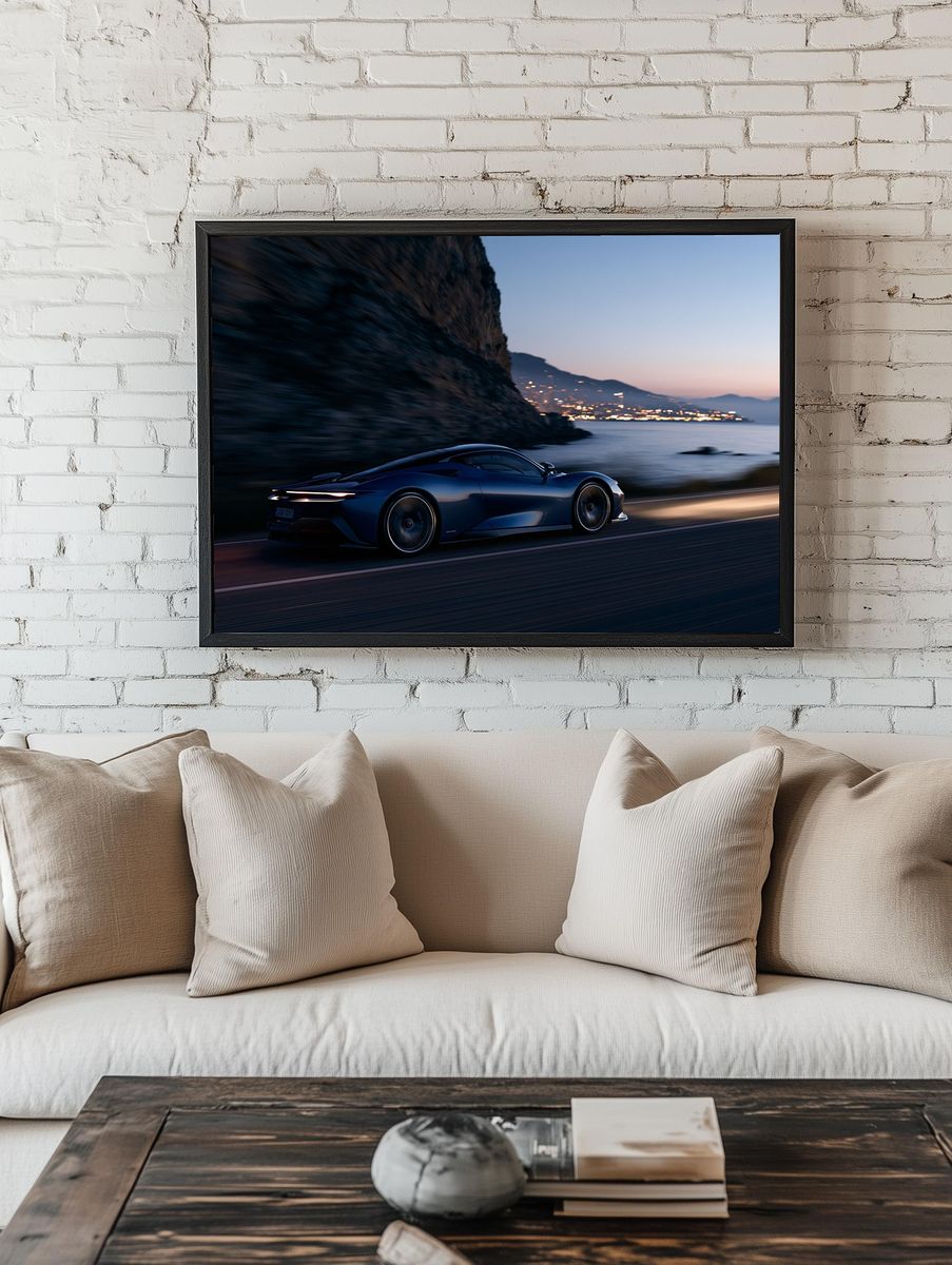 Blue Supercar Coastal Drive Poster. room preview