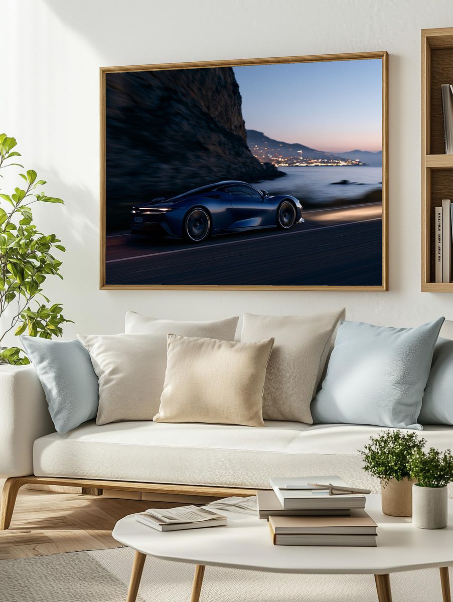 Blue Supercar Coastal Drive Poster. — room view 2
