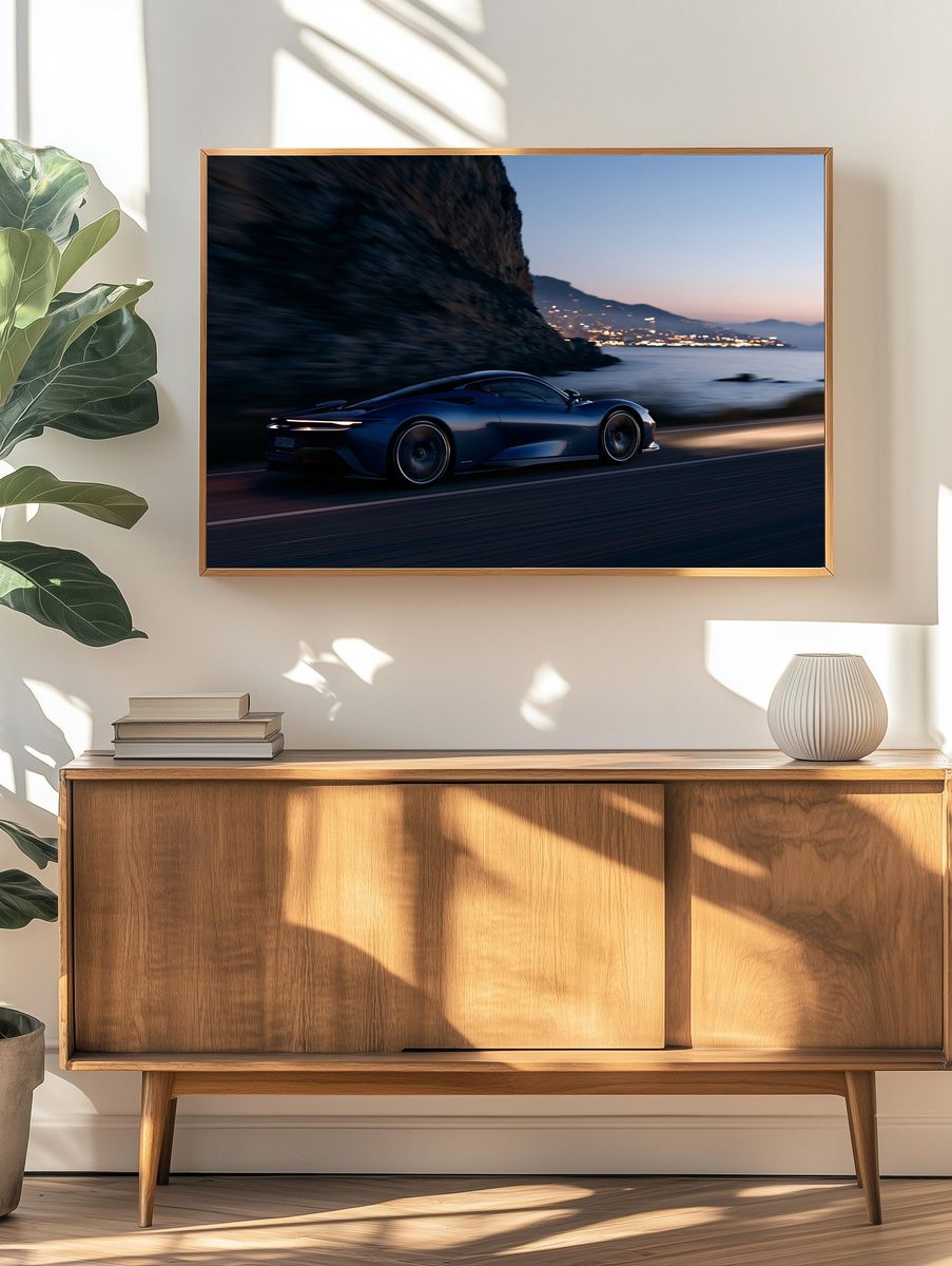 Blue Supercar Coastal Drive Poster. — room view 3