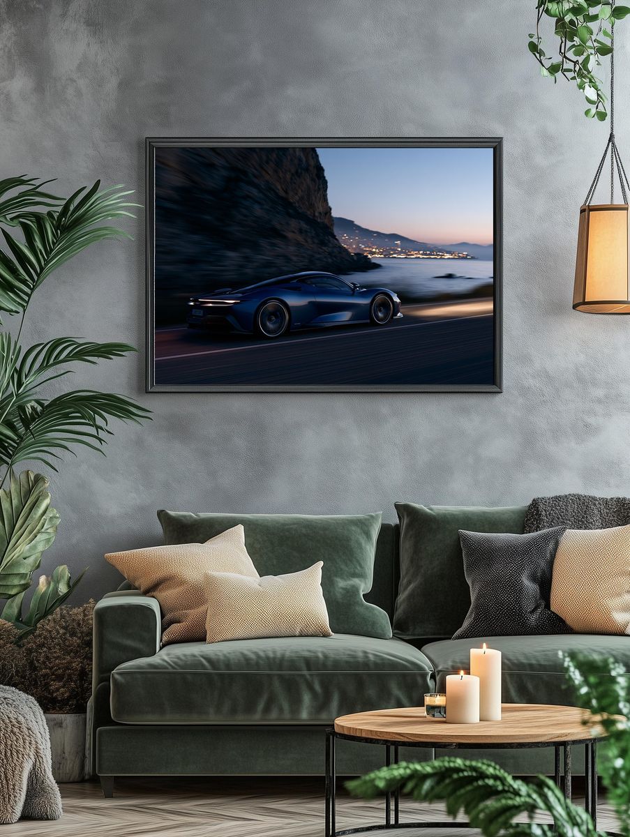 Blue Supercar Coastal Drive Poster. — room view 4