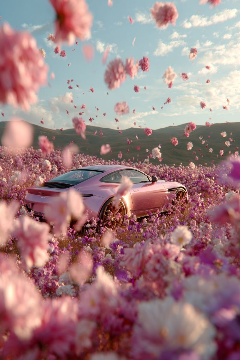 Pink Sports Car in Flower Field Poster. poster — photography art