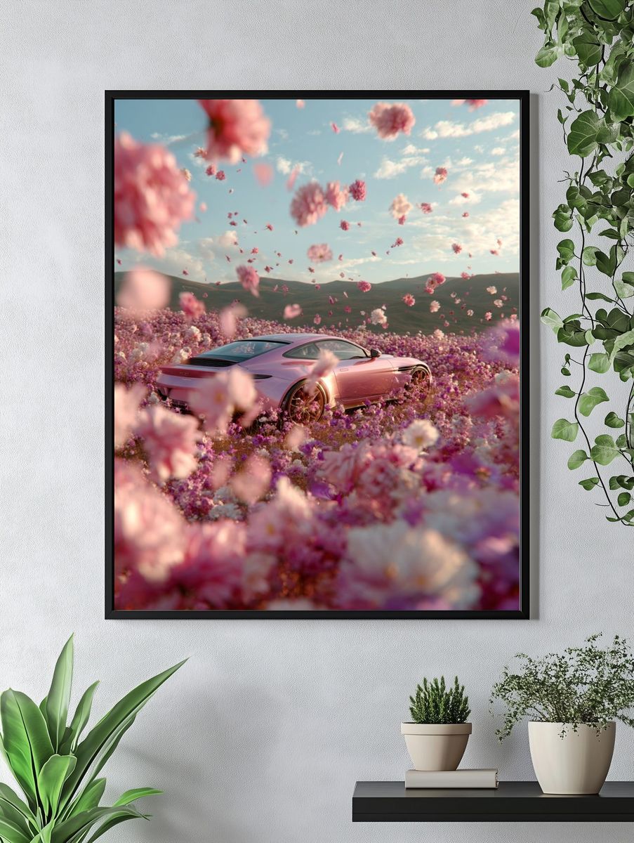 Pink Sports Car in Flower Field Poster. — room view 4