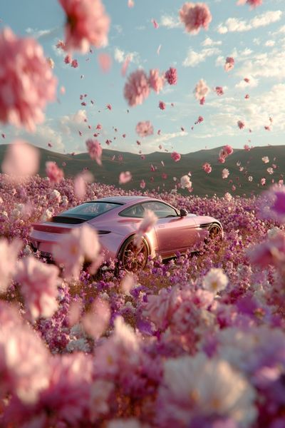 Pink Sports Car in Flower Field Poster. poster print