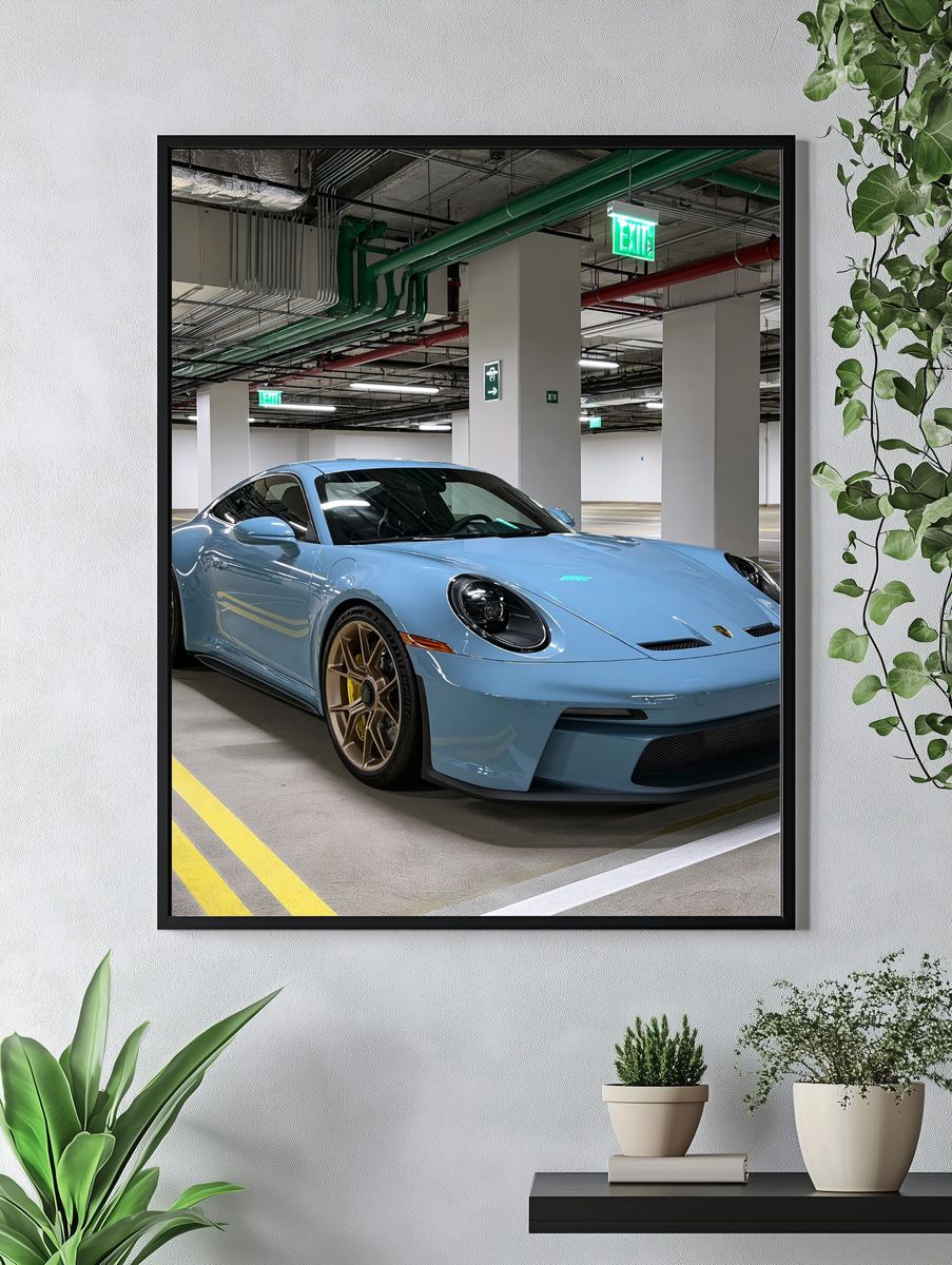 Blue Porsche 911 Parking Garage Poster. — room view 4