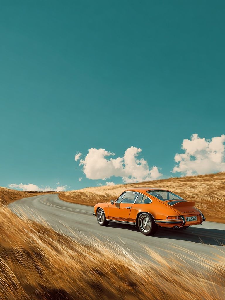 Orange Porsche on Coastal Road Poster. poster detail