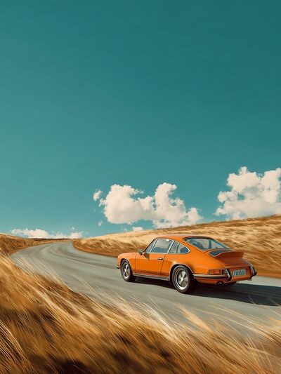 Orange Porsche on Coastal Road Poster. poster print