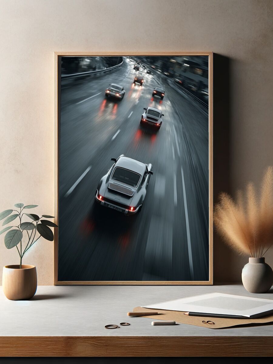 Classic Cars on a Rainy Road — Photography Print. — room view 2