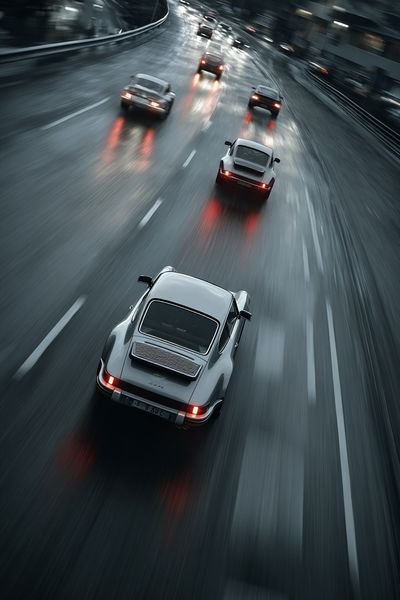 Classic Cars on a Rainy Road — Photography Print. poster