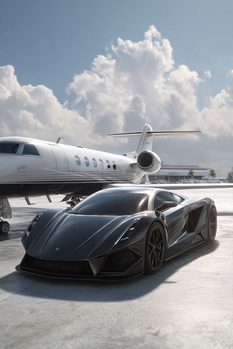 Luxury Sports Car and Jet — Automotive Print. poster detail
