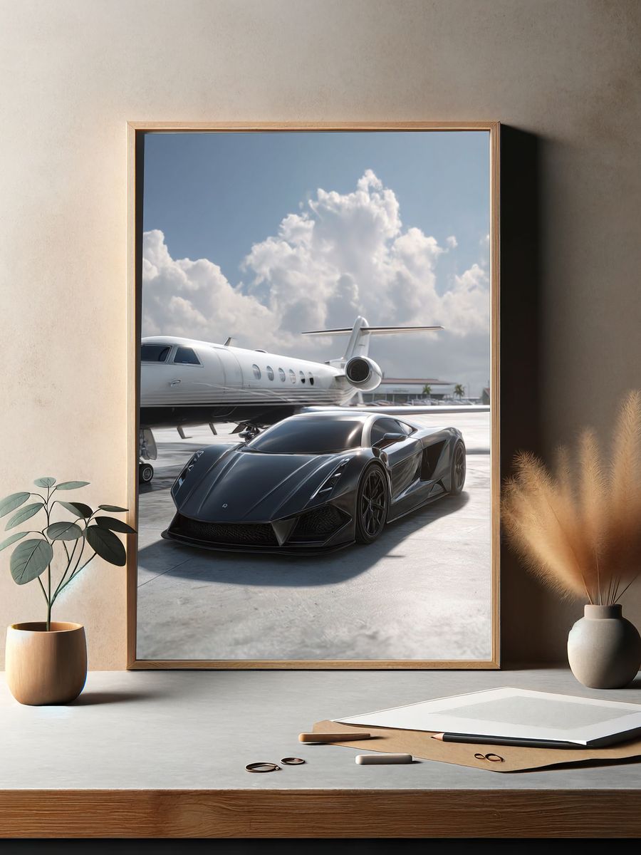 Luxury Sports Car and Jet — Automotive Print. — room view 2
