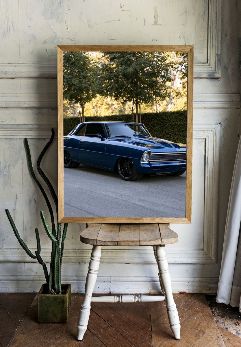 Classic Blue Muscle Car Photography Poster. — room view 1